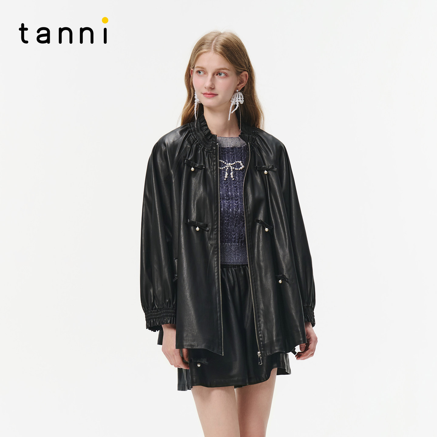 tanni新款百搭甜酷蝴蝶结仿珍珠宽松廓pu皮衣外套TO31OW018A