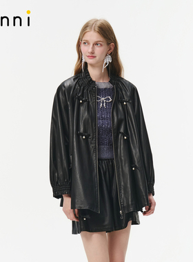 tanni25秋新款百搭甜酷蝴蝶结珍珠宽松廓pu皮衣外套TO31OW018A