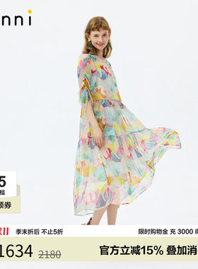 tanni26新款幻彩假日风艺术雅致桑蚕丝水彩印花中袖连衣裙