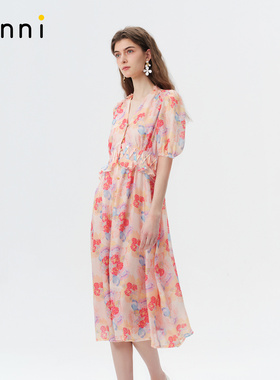 tanni25秋新款梦幻玫瑰印花复古撞色收腰显瘦连衣裙TO11DR022A