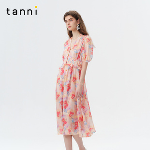 tanni25秋新款 梦幻玫瑰印花复古撞色收腰显瘦连衣裙TO11DR022A