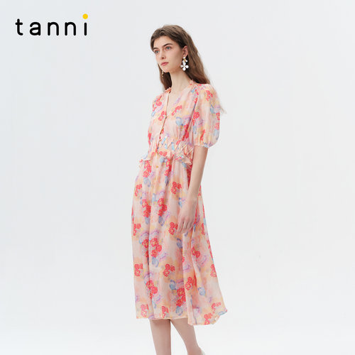 tanni复古撞色收腰显瘦连衣裙