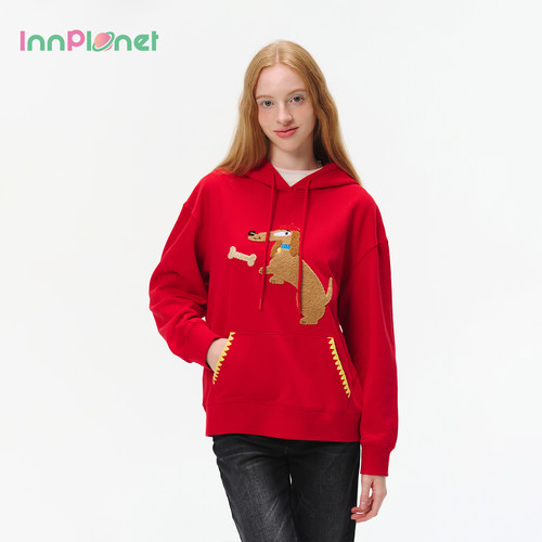 innplanet25秋冬新款日常休闲宽松版小狗布绣连帽卫衣PO31HO044A
