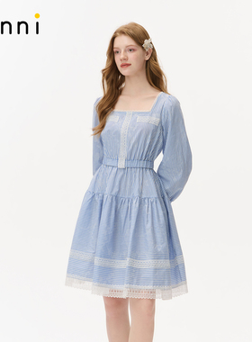 tanni2026年春新款甜美淑女风蕾丝拼接蓝色条纹连衣裙TO31DR400A