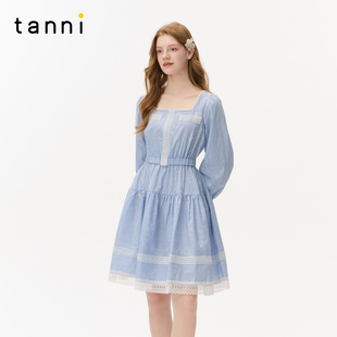 tanni2026年春新款 甜美淑女风蕾丝拼接蓝色条纹连衣裙TO31DR400A