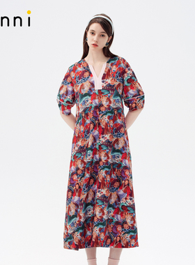 tanni春夏新款慵懒松弛感印花V领宽松显瘦长款连衣裙TO11DR014A