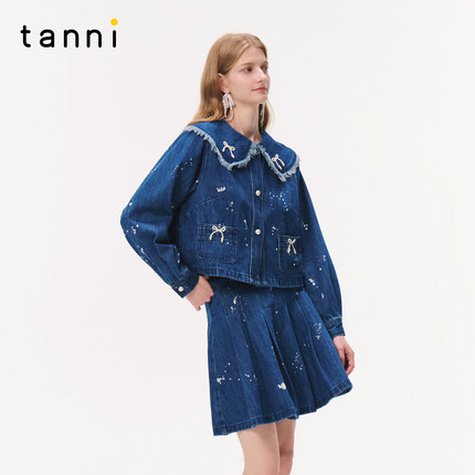 tanni25秋冬新款甜美休闲珍珠蝴蝶结牛仔外套半裙套装TO31DE013A