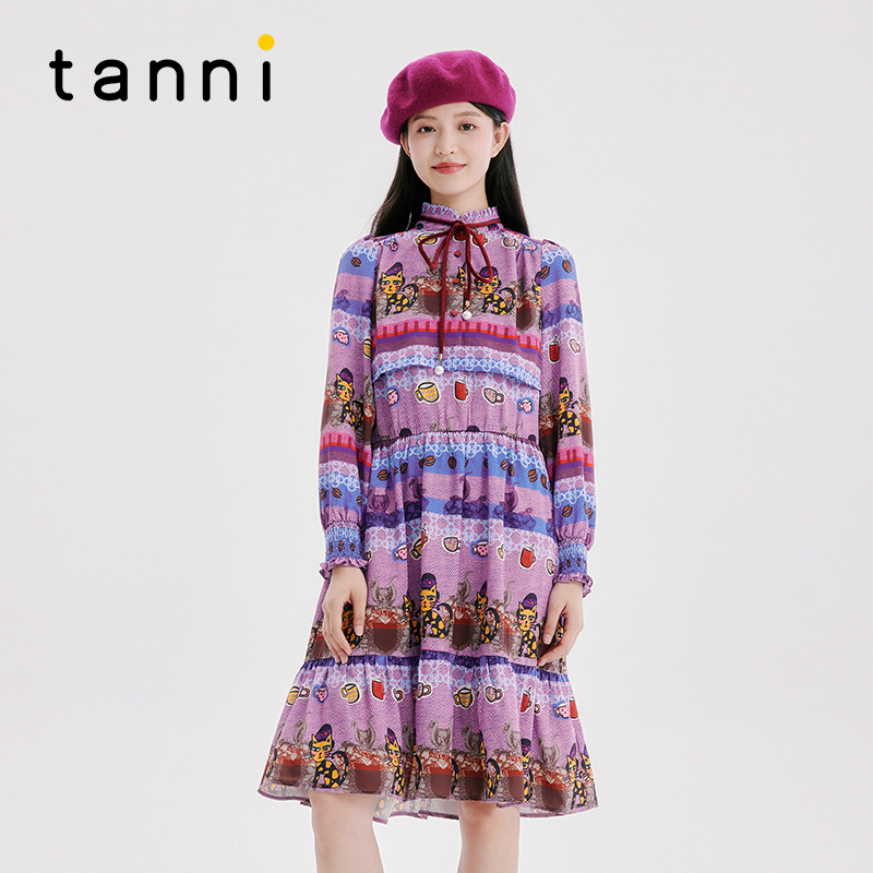 tanni复古优雅立领收腰连衣裙