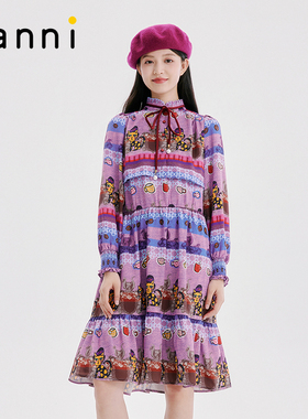 tanni新款甜美复古优雅木耳边立领收腰连衣裙TM31DR056A