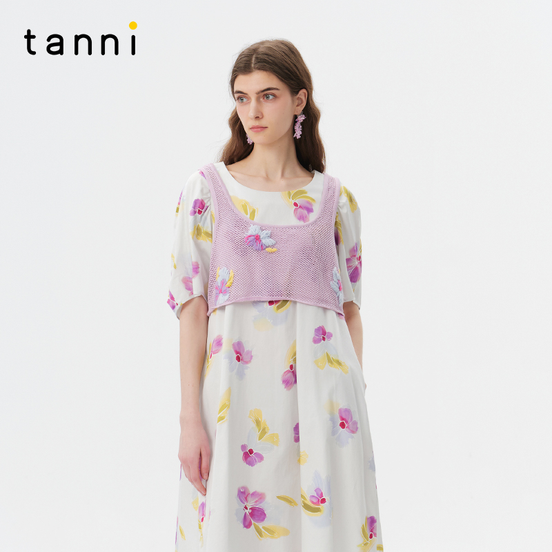 tanni绣花无袖方领短款针织背心