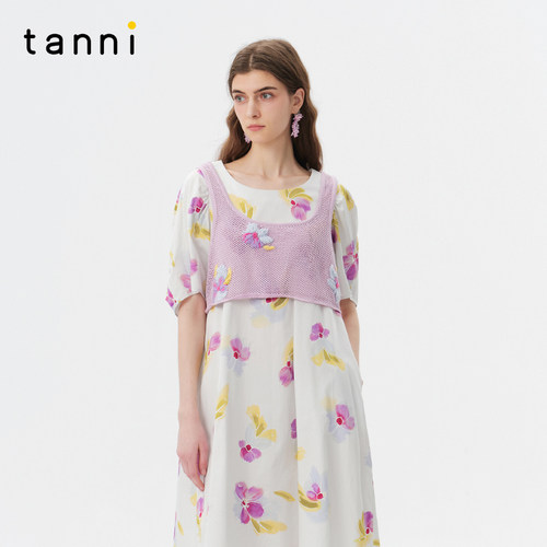 tanni绣花无袖方领短款针织背心