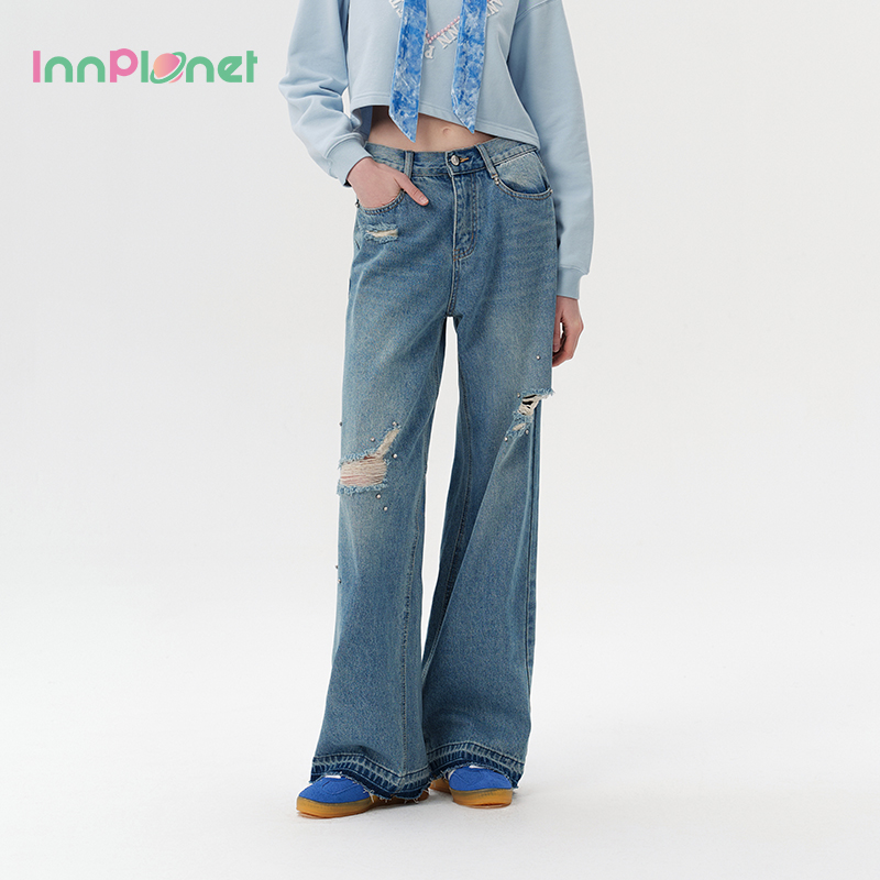 innplanet直筒宽松破洞牛仔长裤