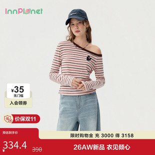 innplanet26秋季新款复古纸片人撞色条纹上衣斜肩不对称打底衫T恤