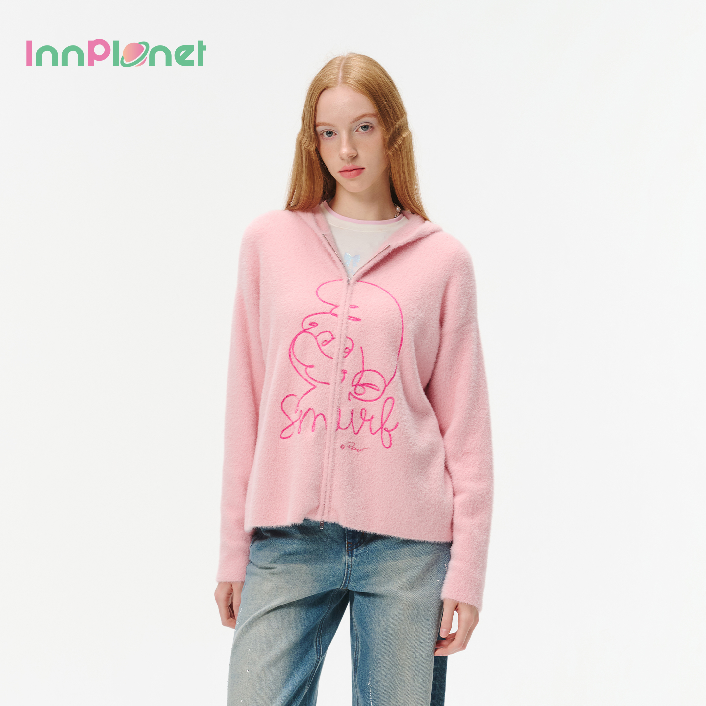 innplanet25秋冬新款蓝精灵系列甜美可爱刺绣针织开衫PO31KN824A