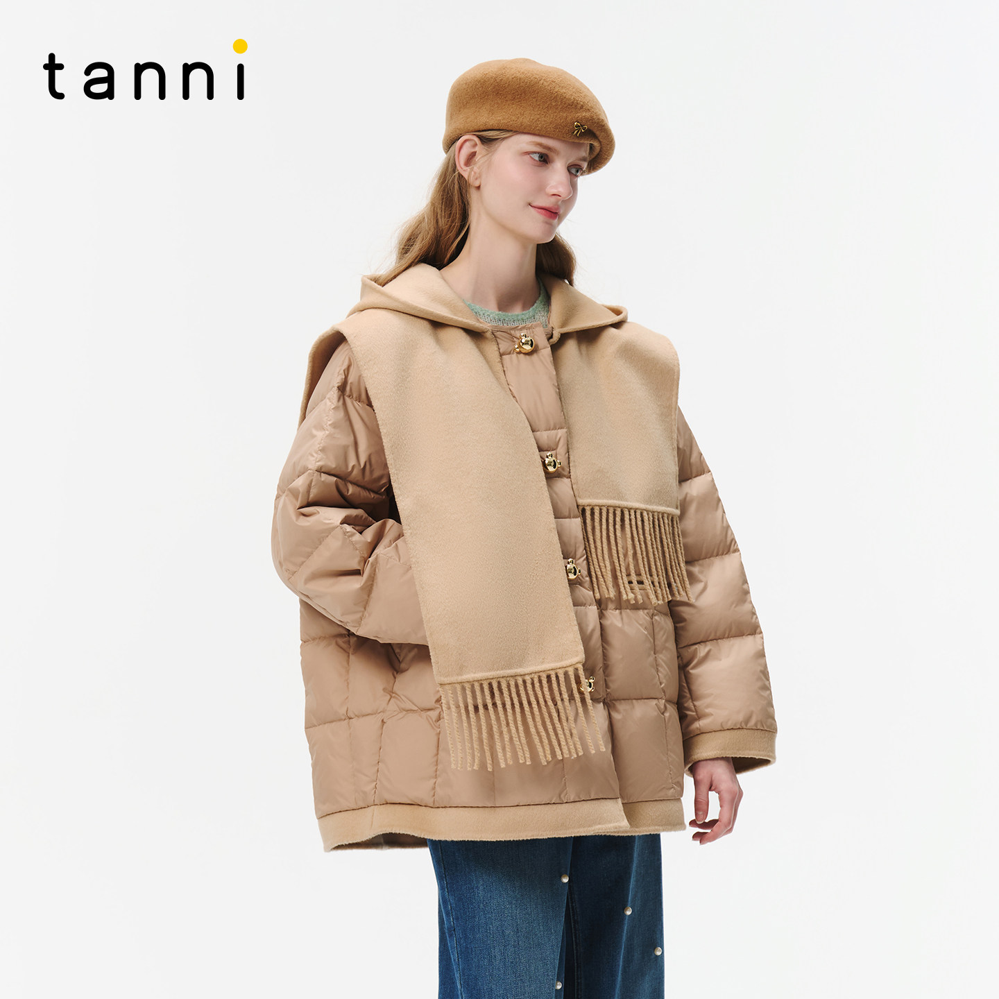 tanni25冬新款慵懒可拆卸围巾卡其色毛呢拼接羽绒服TO31DJ015A,女装/女士精品,羽绒服,淘宝优惠券,粉丝福利购,淘宝优惠卷