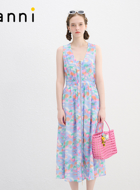 tanni度假风夏日庆典印花清爽无袖长款连衣裙TN11DR060A