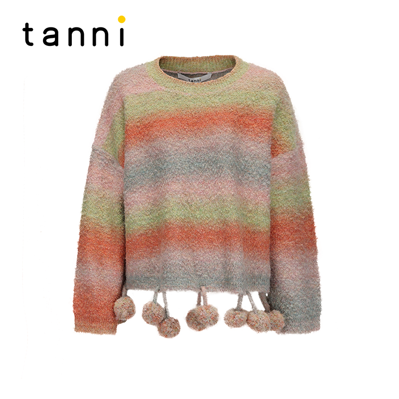 tanni彩色晕染条纹毛球针织衫