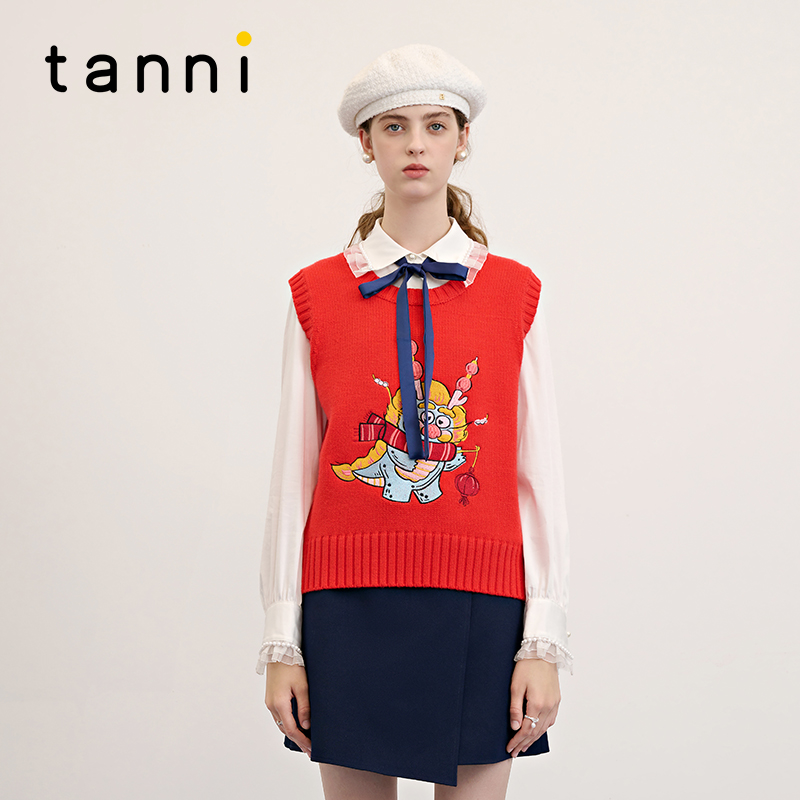 tanni糖葫芦龙刺绣贴针织背心