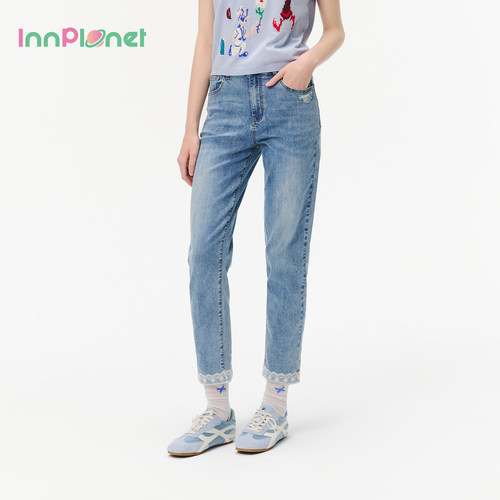 innplanet26夏季新款甜美可爱百搭显瘦弹力蕾丝牛仔裤PO31DE012A