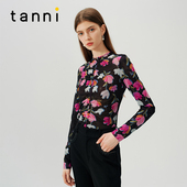 tanni新款 复古紫玥风铃抽皱满印百搭网纱打底上衣TN31BL045A