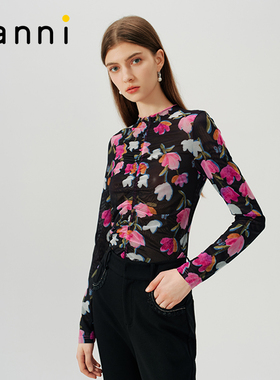 tanni新款复古紫玥风铃抽皱满印百搭网纱打底上衣TN31BL045A