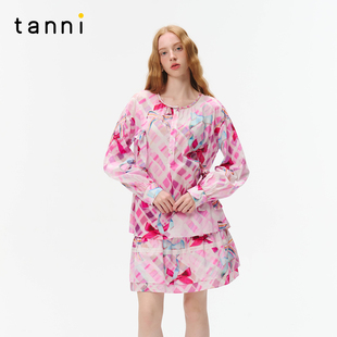 tanni25秋新款 纯棉格纹圆领印花上衣TO31BL202A 清新温柔风长袖