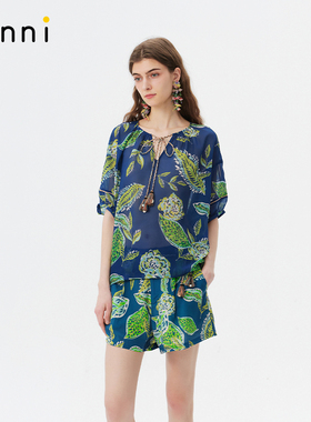 tanni25夏新款甜美复古度假风宽松休闲印花上衣短裤TO11BL154A