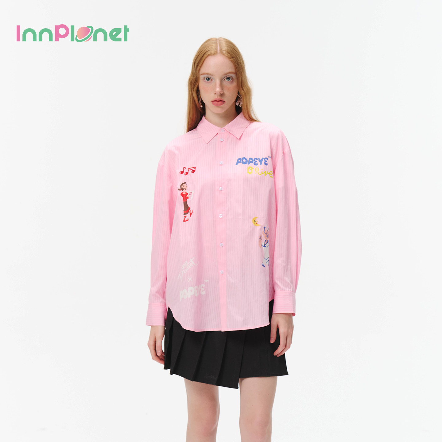 innplanet26夏新款大力水手合作系列印花复古刺绣航海条纹衬衫