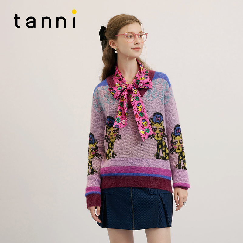tanni设计感印花V领套头针织衫