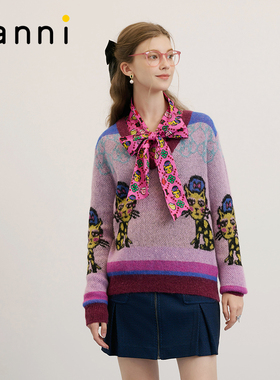 tanni新款减龄俏皮设计感印花V领套头针织衫TM31KN051A