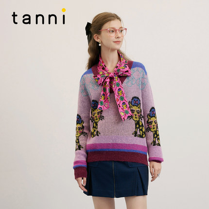 tanni新款减龄俏皮设计感印花V领套头针织衫TM31KN051A