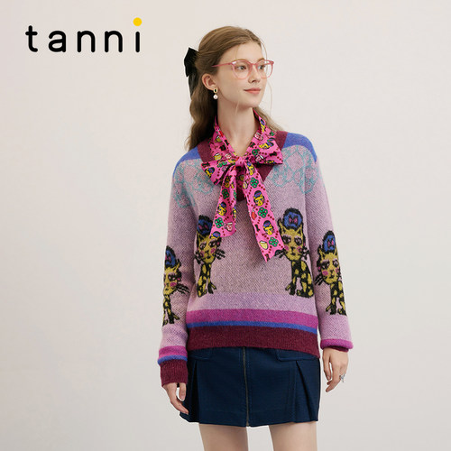 tanni设计感印花V领套头针织衫