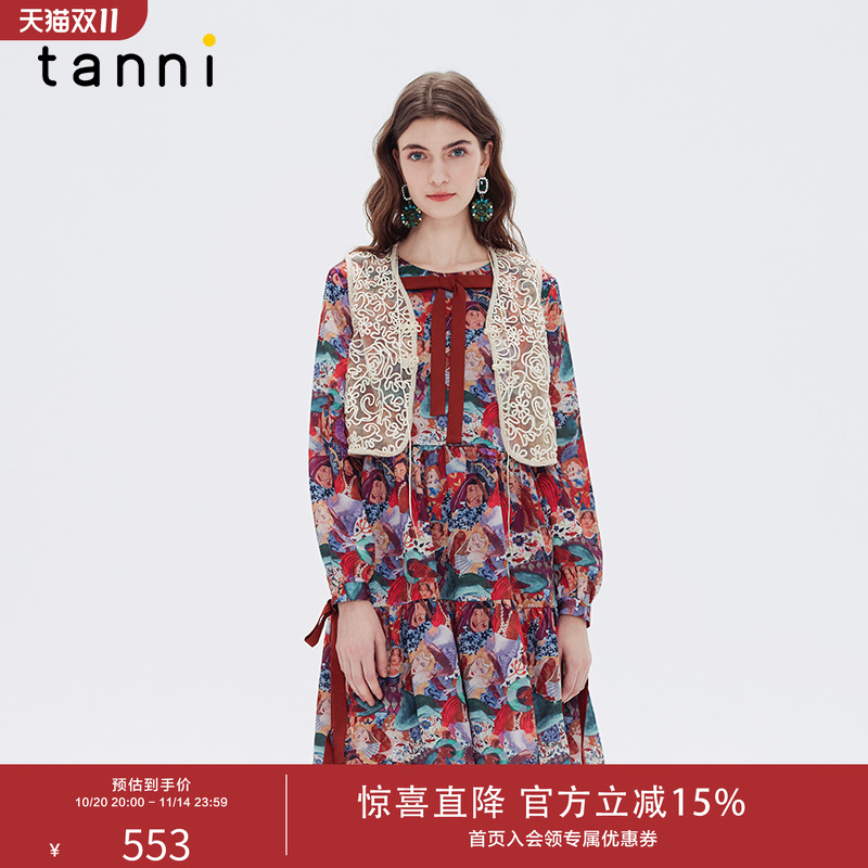 tanni刺绣网纱无袖V领短款马甲