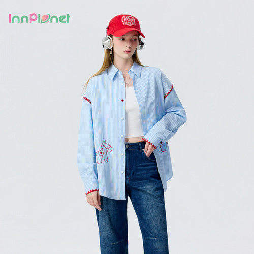 innplanet26夏季新款春日少女风小马复古刺绣可内搭外穿宽松衬衫
