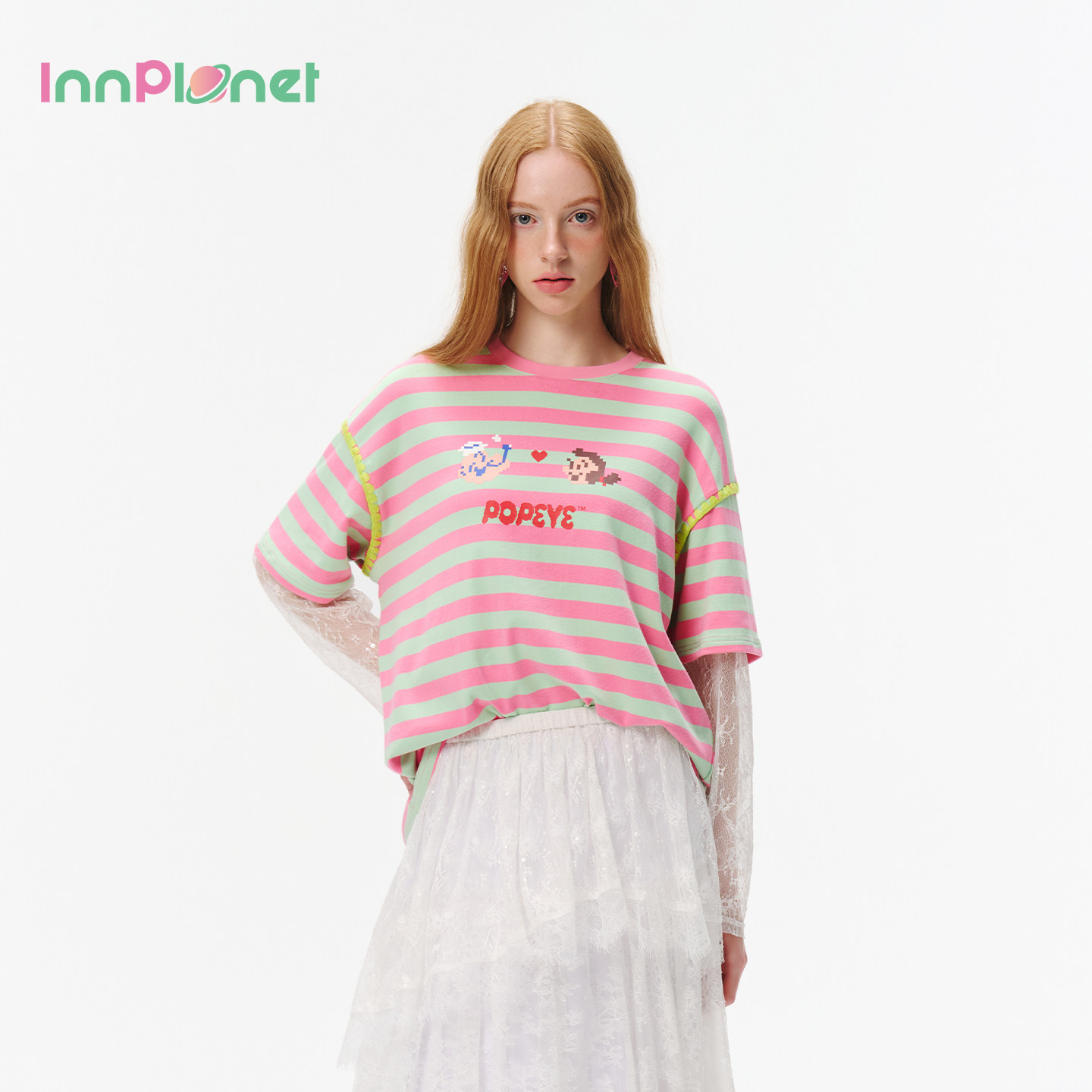 innplanet26春新款大力水手系列蕾丝拼接宽松条纹T恤PO31TS815A