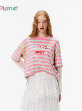 innplanet25秋新款大力水手系列蕾丝拼接宽松条纹T恤PO31TS815A