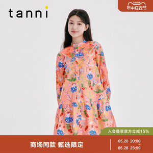 tanni秋冬复古蕾丝印花A字淑女气质娃娃连衣裙女TK31DR172A