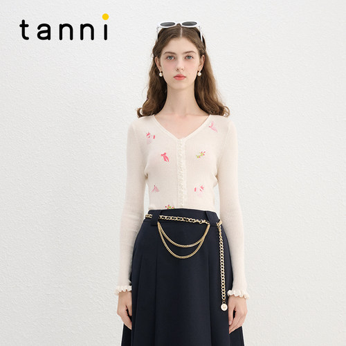 tanni浪漫精致轻薄打底V领针织衫