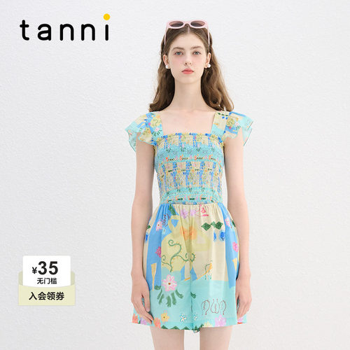 tanni休闲印花飞飞袖阔腿连体裤