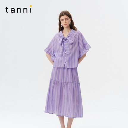 tanni25秋新款温柔度假风宽松直筒显瘦条纹衬衫半裙TO11SH015A