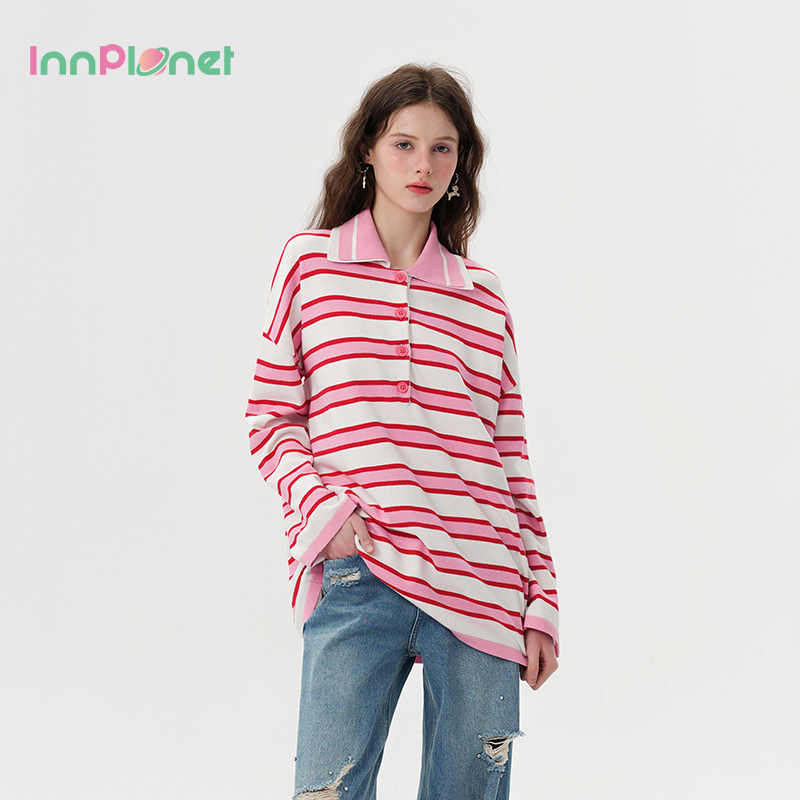 innplanet撞色条纹翻领针织上衣