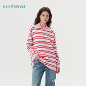 innplanet25春新款 减龄休闲宽松撞色条纹翻领针织上衣PO11KN016A