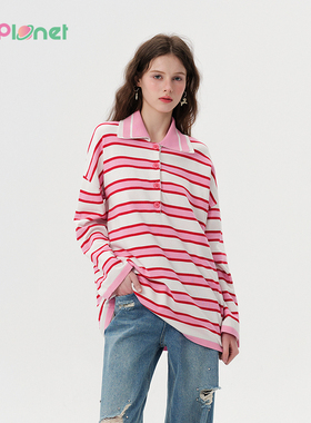 innplanet25春新款减龄休闲宽松撞色条纹翻领针织上衣PO11KN016A