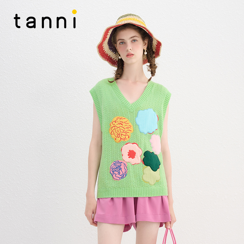 tanni精致清新贴布绣针织马甲