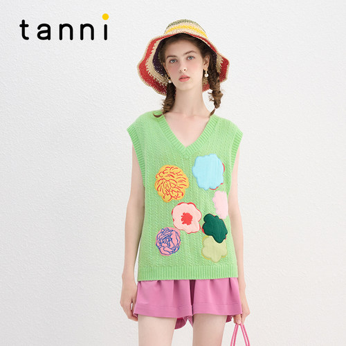 tanni精致清新贴布绣针织马甲