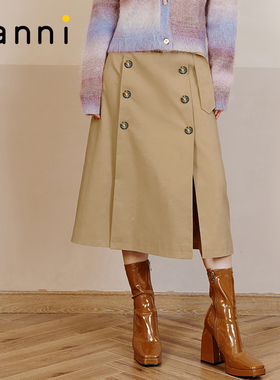 tanni秋冬新款复古纽扣通勤百搭开衩半身裙TL31SK608A