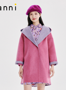 tanni经典爆款高级感双面呢中长款连帽羊毛大衣女外套 TI31CO056A