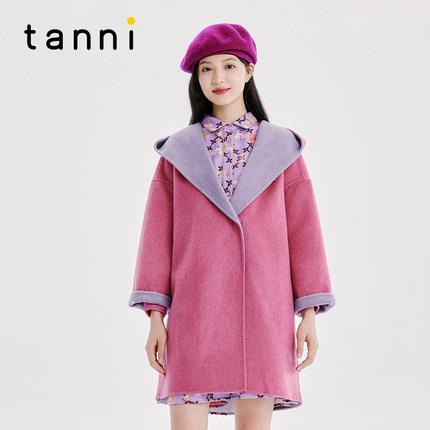 tanni新款双面呢中长款连帽羊毛大衣女 TI31CO056A