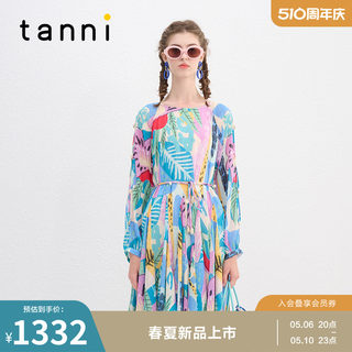 tanni春夏新款浪漫度假风优雅法式收腰长袖连衣裙TN11DR003A