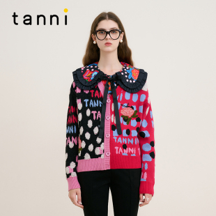 tanni新款 TM31KN052A 通勤提花不对称撞色V领亲肤针织开衫